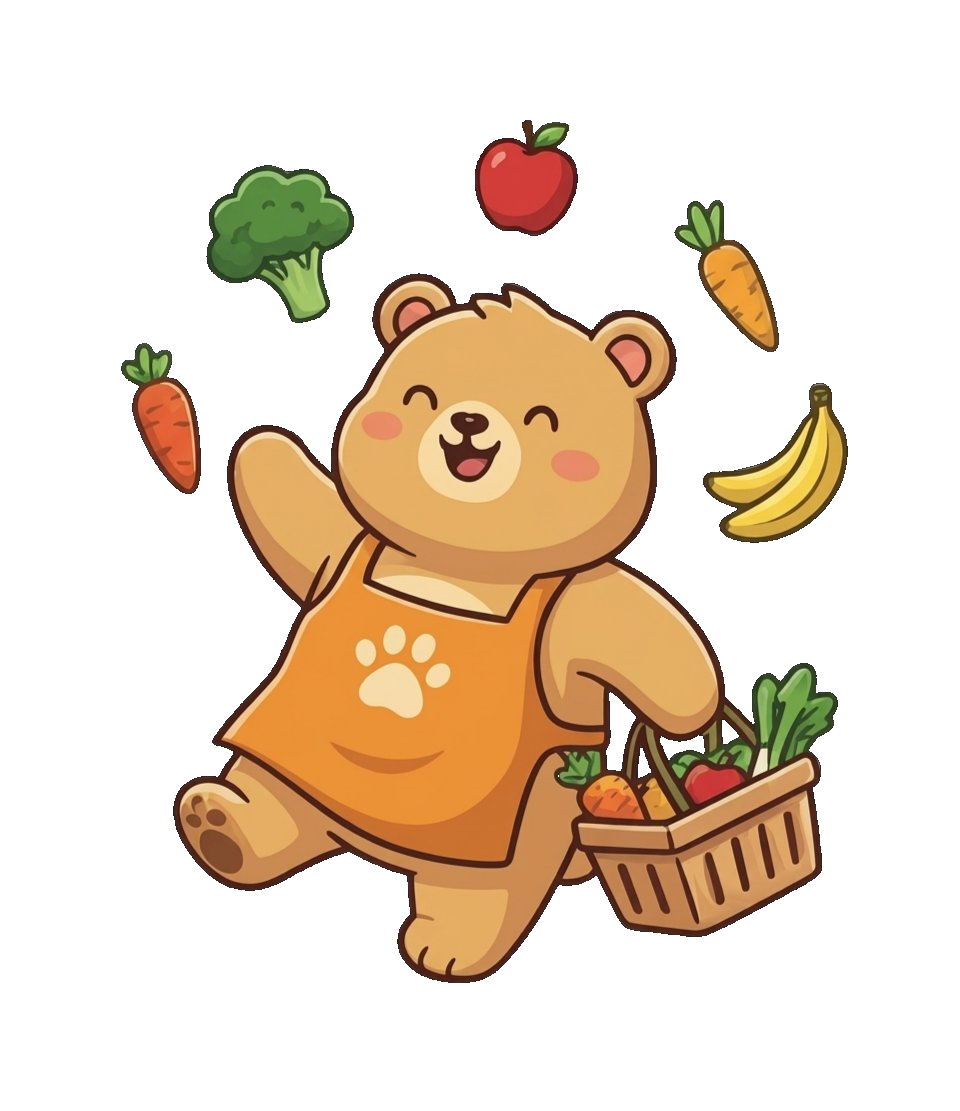 Kuma mit Einkaufskorb voll für die Woche